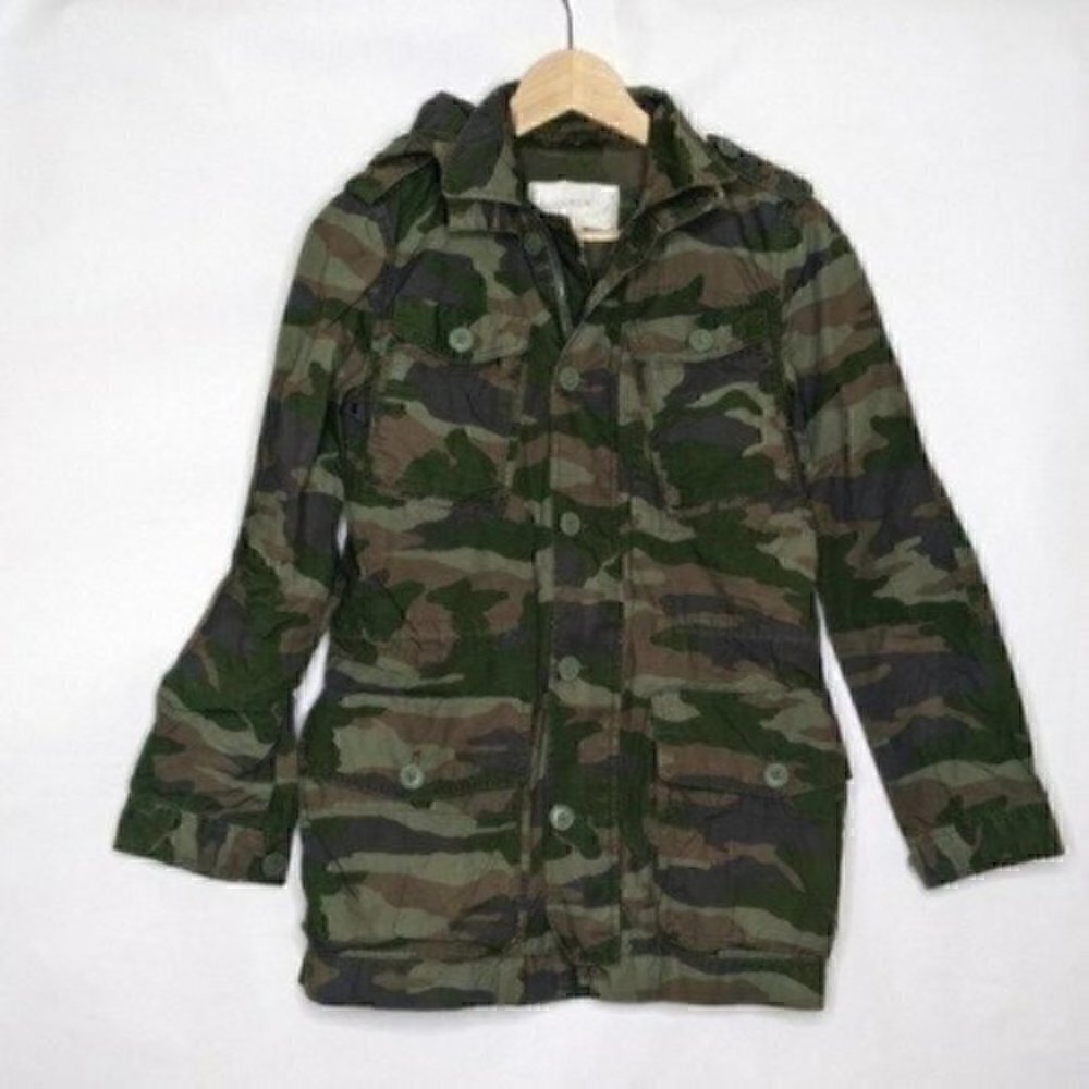 J Crew BOYFRIEND FATIGUE JACKET XXS Camo Hooded Camouflage Jacket Casual
